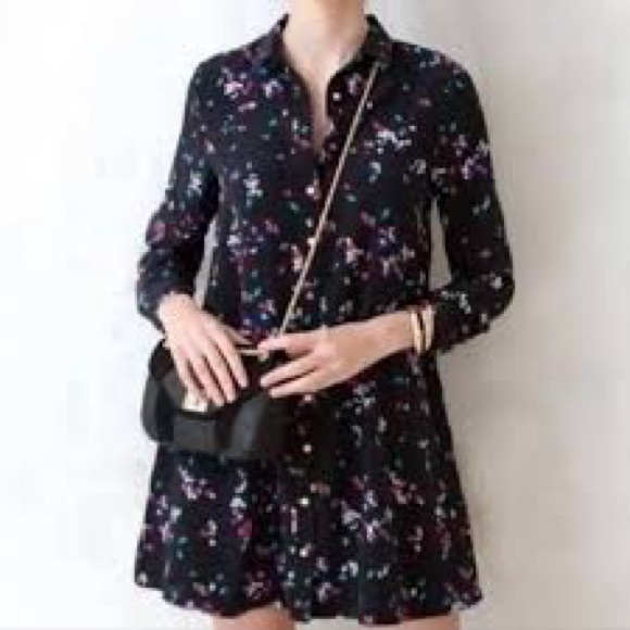 Sezane Paris Black Floral Shirtdress Silk Button Up Long Sleeve Size XS - Picture 2 of 9